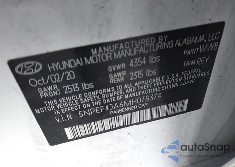 2021 Hyundai Sonata Sel из США, поврежденный, VIN 5NPEF4JA6MH078374